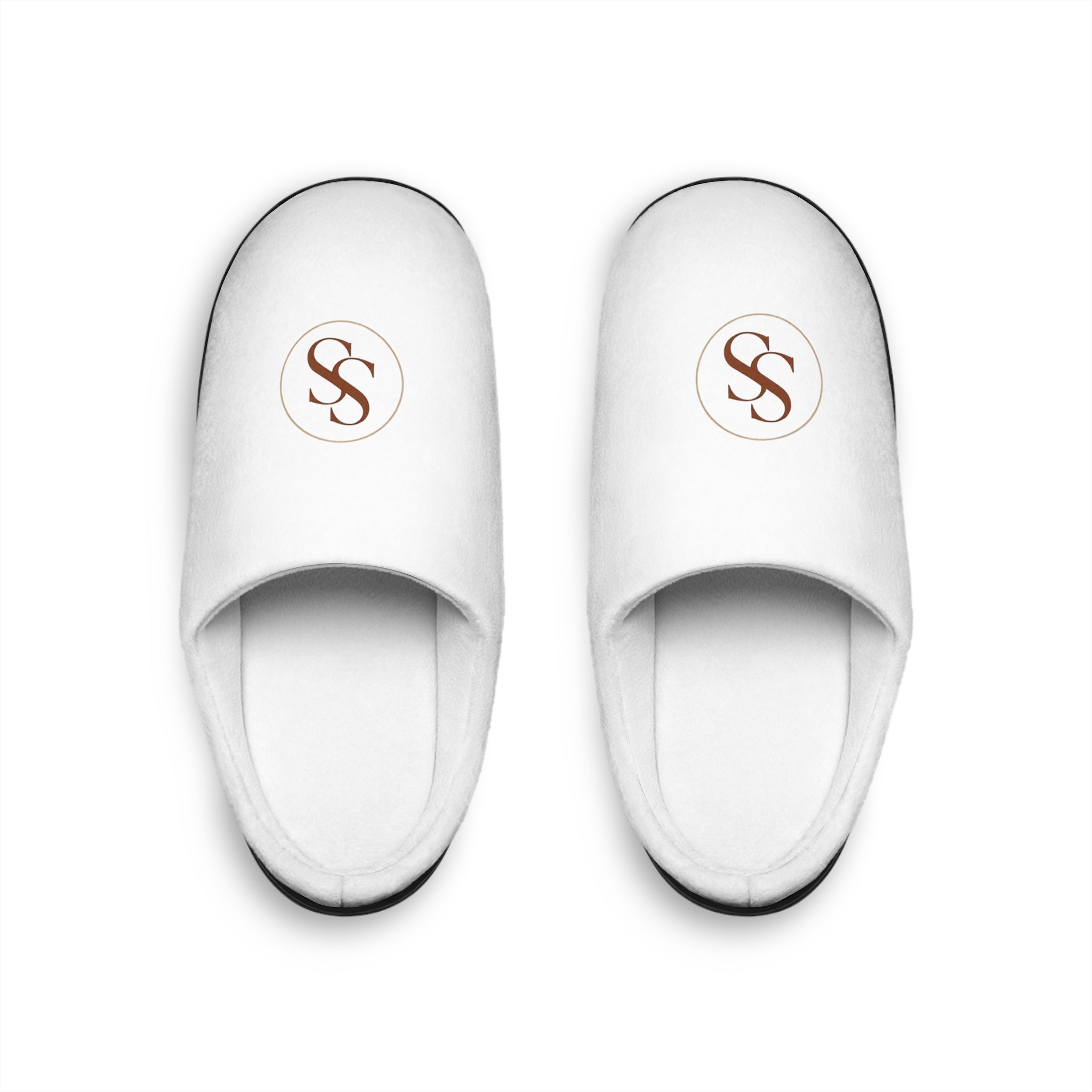 Monogrammed Cozy Indoor Slippers — Women's White Plush SS Logo